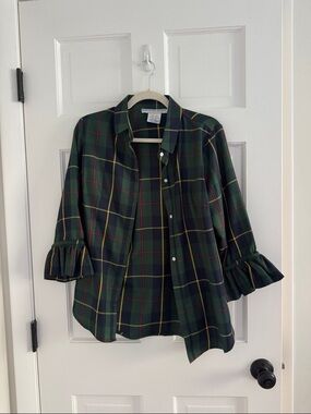 Gretchen Scott Dark Green Plaid Ruffle-Sleeve Shirt